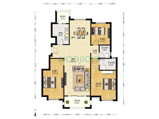 郑开绿地城二期 3室1厅2卫 138平方