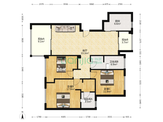 保利两河森林 3室1厅2卫 117平方