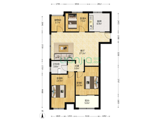 五洲花苑 3室1厅1卫 107平方