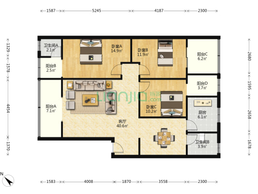 花城中街69号 3室1厅2卫 128平方