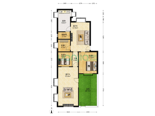 技校宿舍区 3室2厅0卫 70平方