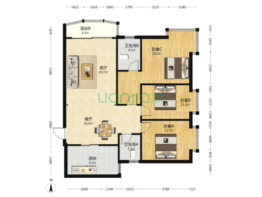 新豪庭 3室2厅2卫 136平方