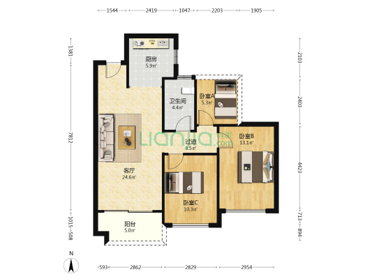 天樾花园 3室1厅1卫 86平方