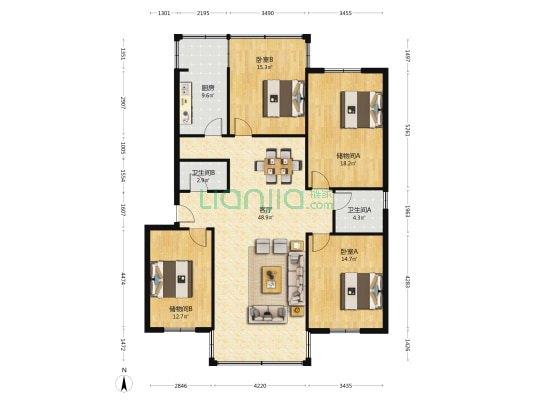 桂林中级法院宿舍 2室1厅2卫 144平方