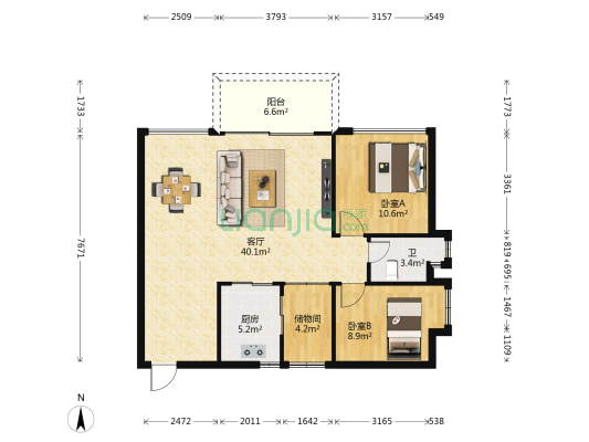 东第花园 2室1厅1卫 78平方