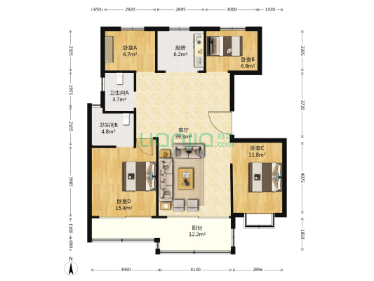 蓝光公园1号 4室1厅2卫 134平方