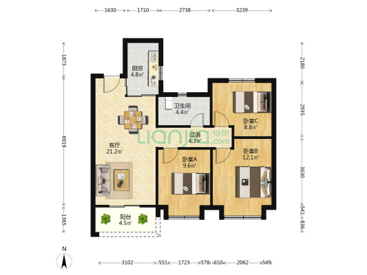 新城光启花苑 3室1厅1卫 96平方