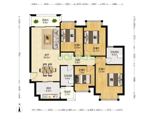 恒大紫荆学府棕榈岛 4室1厅2卫 123平方