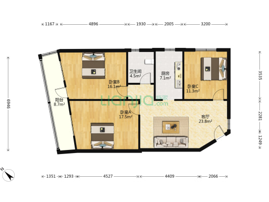 文兴路5号 3室1厅1卫 104平方