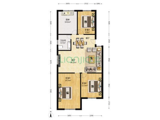 富丽城小区 3室1厅1卫 121平方