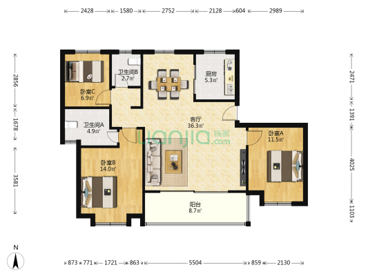 海胥澜庭南区 3室1厅2卫 129平方