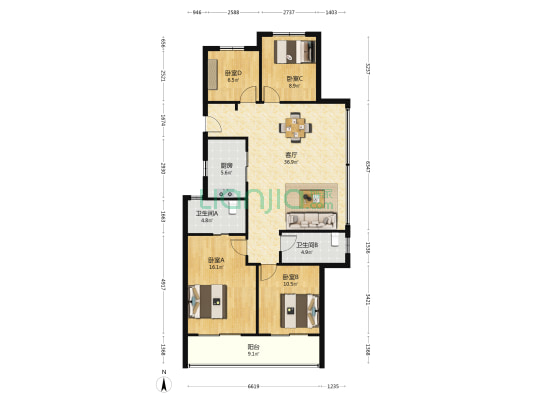 天瑄城 4室1厅2卫 129平方