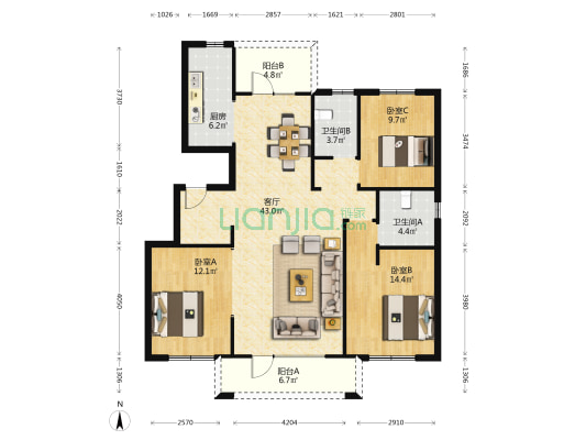 明发上河时代 3室1厅2卫 128平方