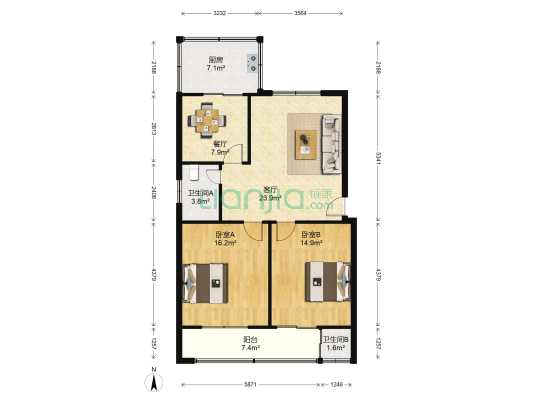 交通路162号院 2室2厅2卫 90平方