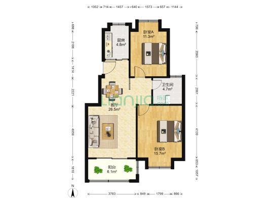 大市花苑 2室1厅1卫 93平方