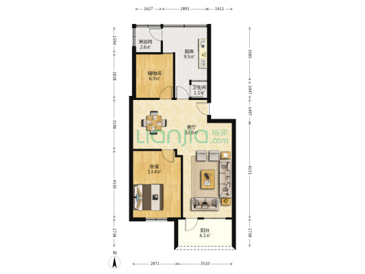 迎北里 1室1厅2卫 83平方