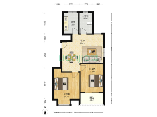 虹桥佳苑 2室1厅1卫 84平方