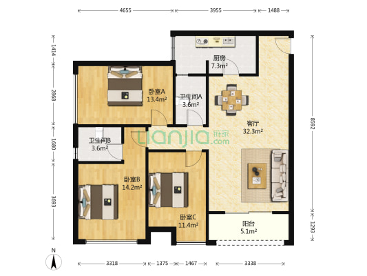 鸥鹏璧兰河1号 3室1厅2卫 103平方