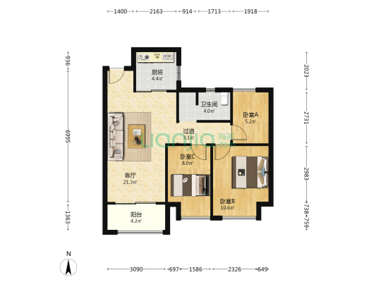 贾瑶华府 3室1厅1卫 87平方