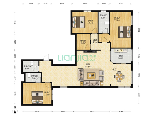 利嘉大广场西塔楼 3室1厅3卫 166平方