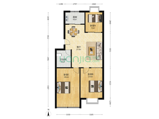 福山城西房地产公司住宅楼 3室1厅1卫 94平方
