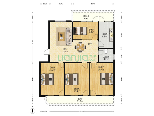 皇冠小区 4室1厅1卫 142平方