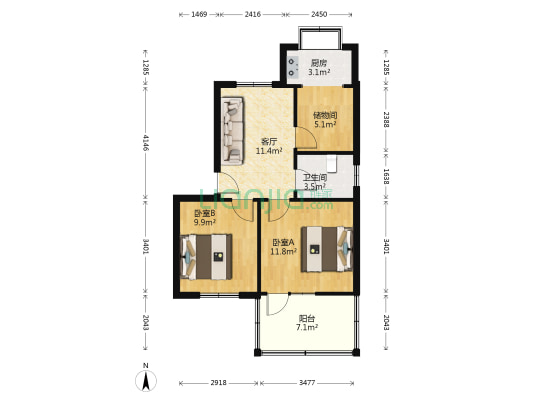 国泰街25号 2室1厅1卫 66平方