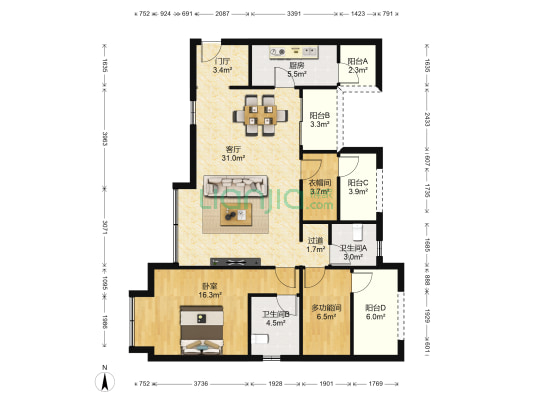 中国西部文化城 2室1厅2卫 107平方