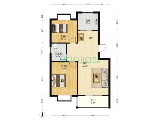 青都国际花园 2室1厅1卫 89平方