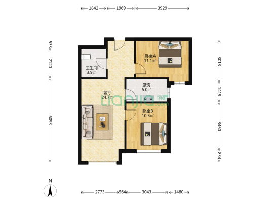 高铁新干线 2室1厅 南-户型图