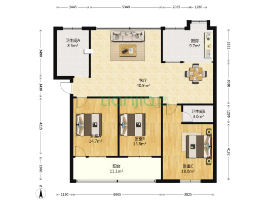 鼓楼家属院 3室1厅2卫 136平方