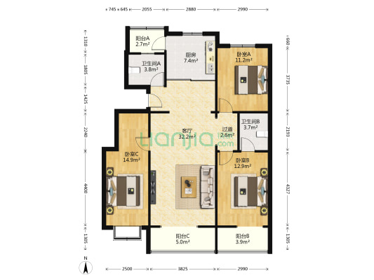 浩庭花园 3室1厅2卫 130平方