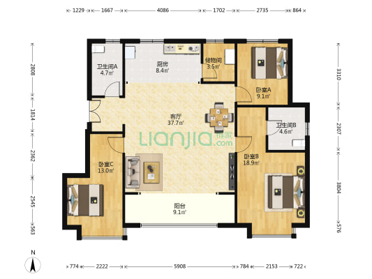 龙湖锦璘原著 3室1厅2卫 131平方