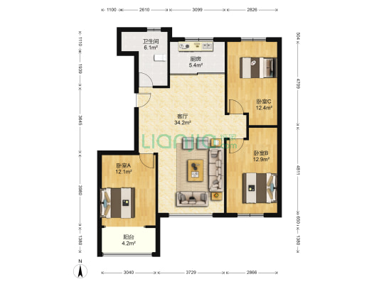 金禾馨苑 3室1厅1卫 124平方
