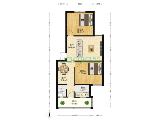 望州人防办宿舍 2室2厅1卫 75平方