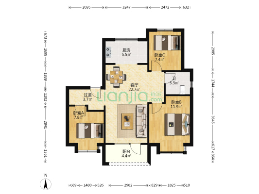 长青华苑书香里 3室1厅1卫 87平方