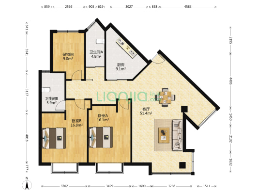泰富花园 2室1厅2卫 134平方