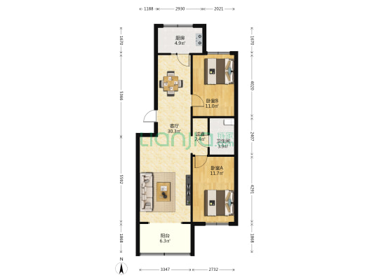 珠江路百乐苑 5楼 标准户型两居室90平米 南北朝向-户型图