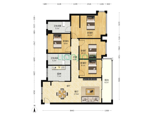 复地星愉湾 4室1厅2卫 126平方