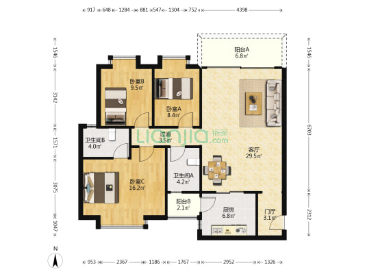 竹盛花园二期 3室1厅2卫 107平方