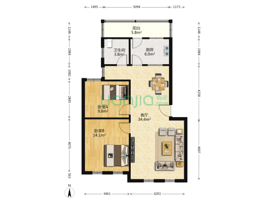 宏亚花园 2室1厅1卫 89平方