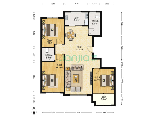 泰坤城东区 3室1厅2卫 139平方