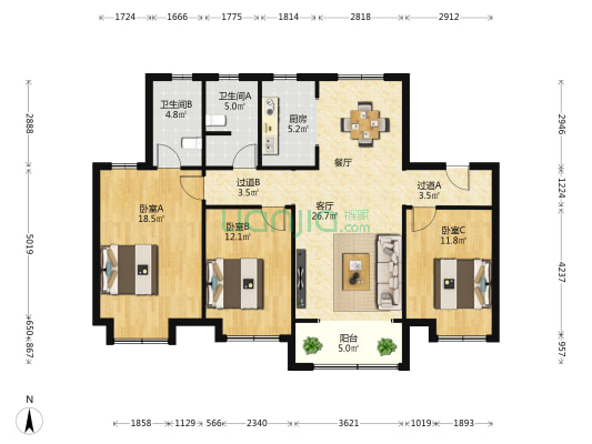 地平西棠观樾 3室1厅2卫 135平方