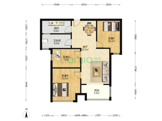 蔚蓝水岸 3室1厅1卫 94平方