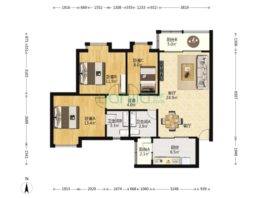 百森花园 3室1厅2卫 95平方