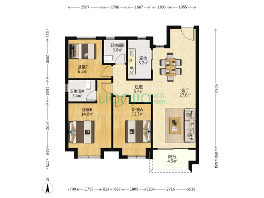 云禧花园 3室1厅2卫 108平方