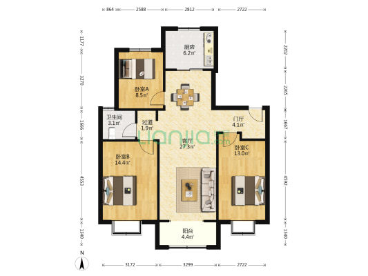中新锦绣天地中苑二区 3室1厅1卫 115平方