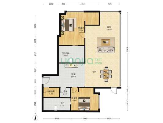 世豪翡丽 2室1厅3卫 171平方