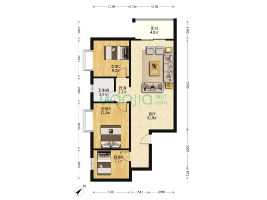 花朝月盈 3室1厅1卫 86平方