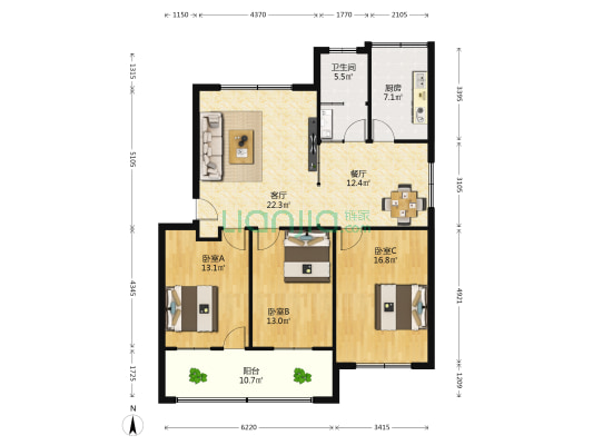 中级法院家属院 3室2厅1卫 121平方